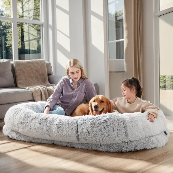 Human Dog Bed for Adults & Pets – Washable Faux Fur Orthopedic Calming Bed with Pillow & Blanket