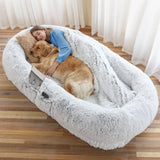 Human Dog Bed for Adults & Pets – Washable Faux Fur Orthopedic Calming Bed with Pillow & Blanket